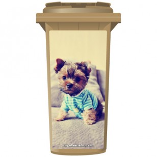 Yorkie Dog In A Striped Top Wheelie Bin Sticker Panel